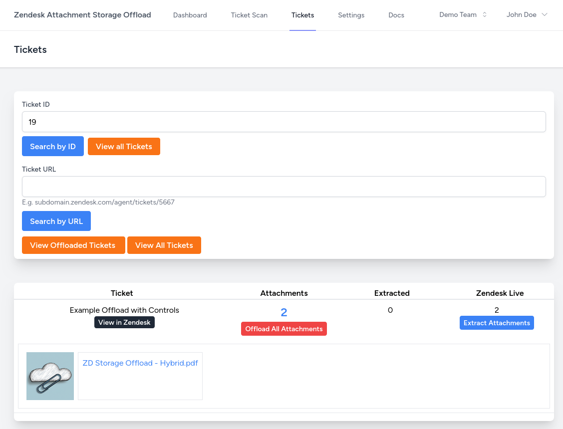 Screenshot of the Zendesk Storage Offload dashboard showing a ticket which has not yet been extracted