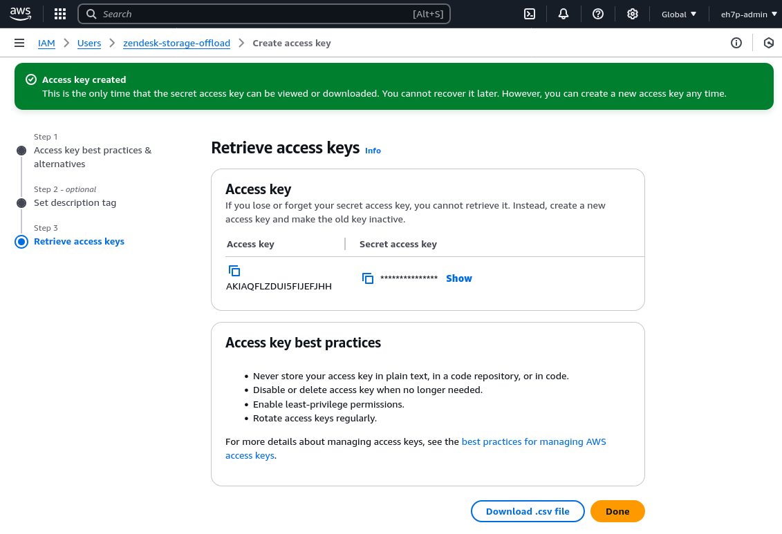 Screenshot of a new access key for the use within AWS