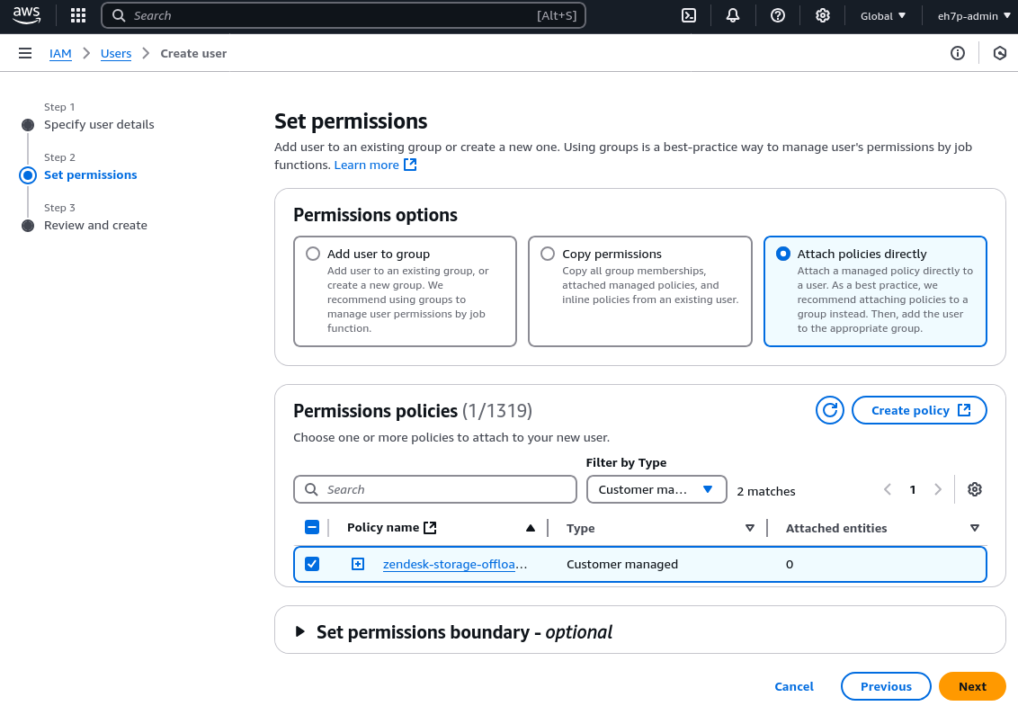 Screenshot of assigning the IAM policy to the User within AWS