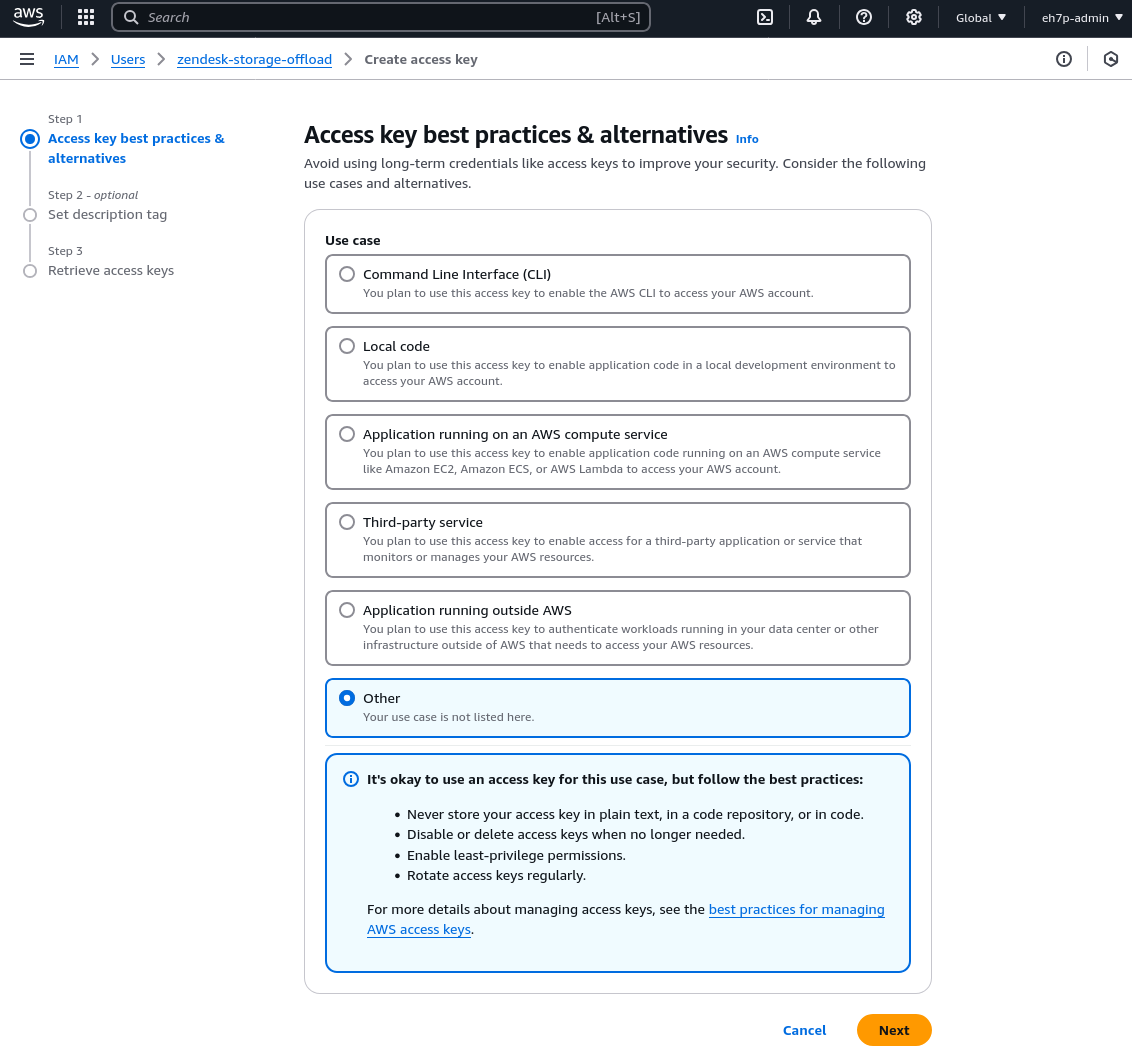 Screenshot of creating a new access key for the use within AWS