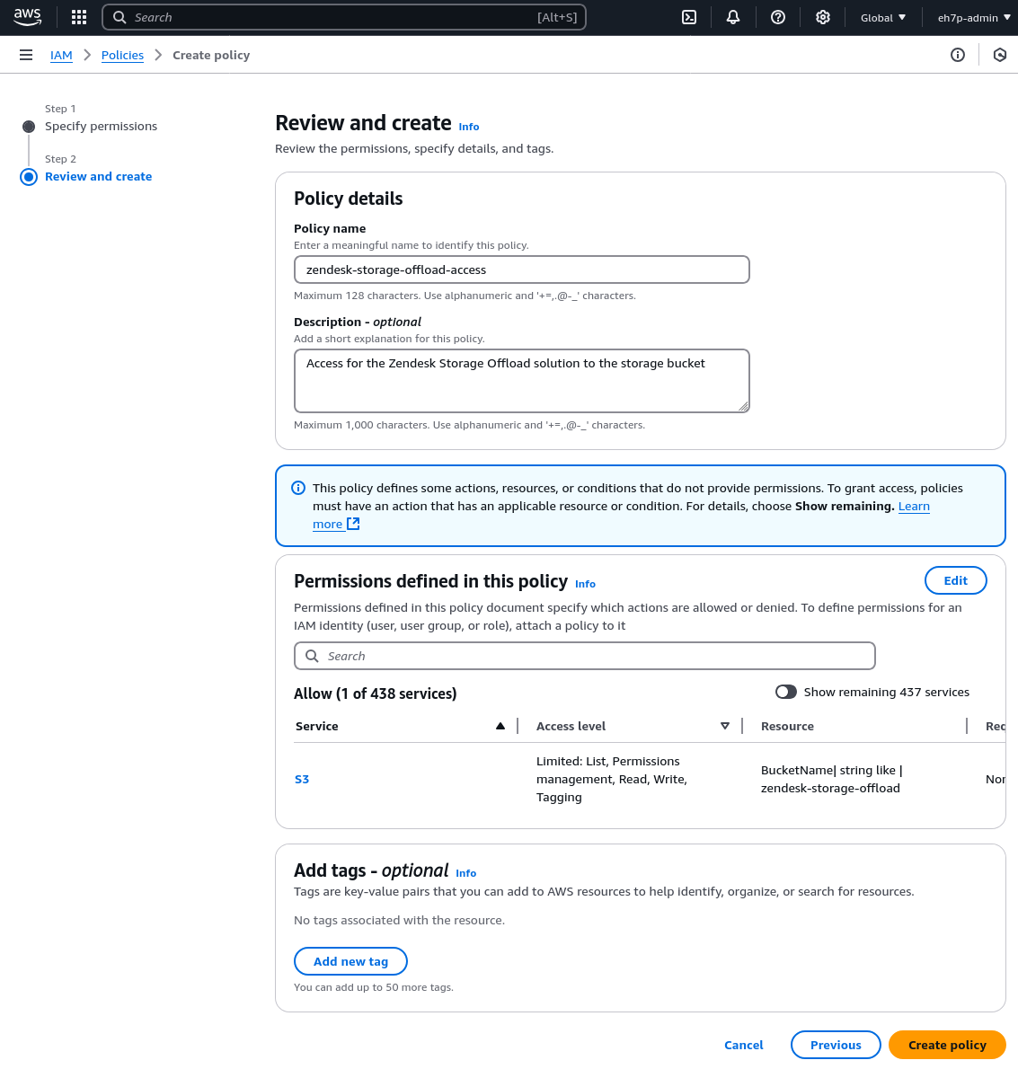 Screenshot of creating a new IAM policy within AWS - Details