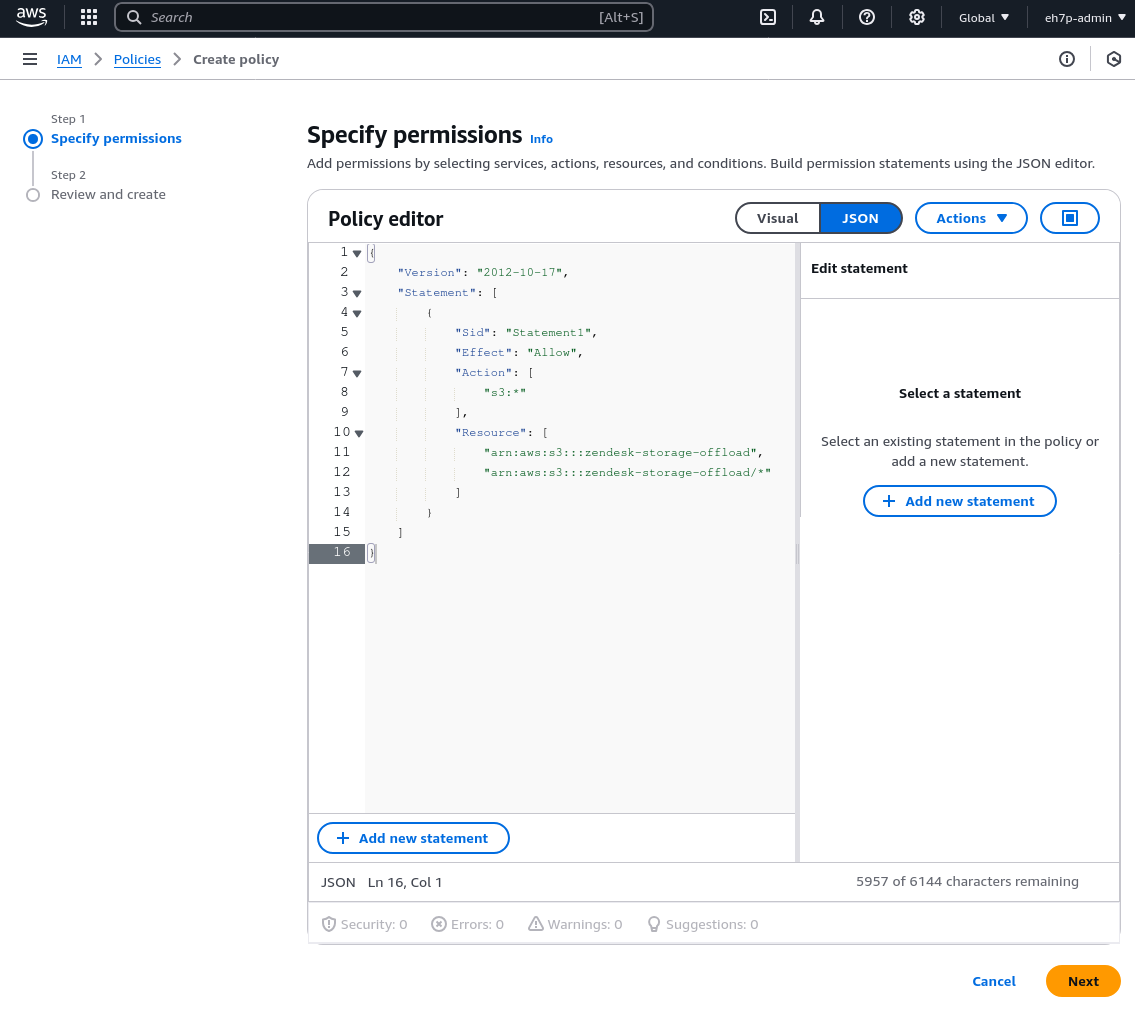 Screenshot of creating a new IAM policy within AWS - JSON