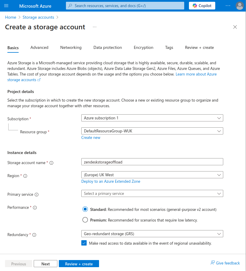 Screenshot of creating a new storage account within Azure