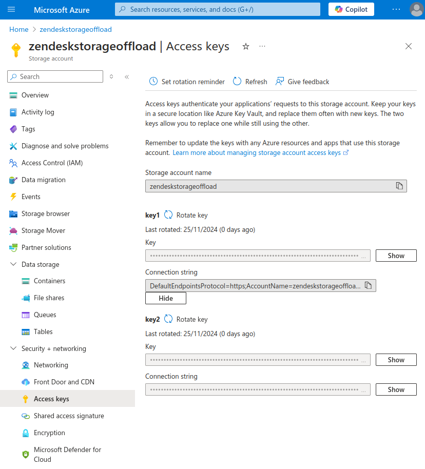 Screenshot of retrieving the access key connection string for the storage account within Azure