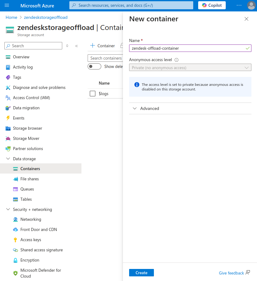 Screenshot of creating a new storage container within Azure