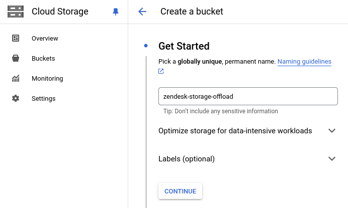 Screenshot of creating a new storage bucket within Google Cloud