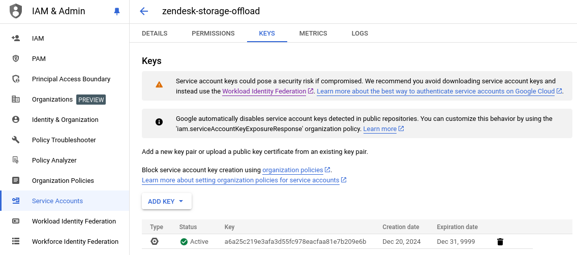 Screenshot of creating a JSON key for a service account within Google Cloud