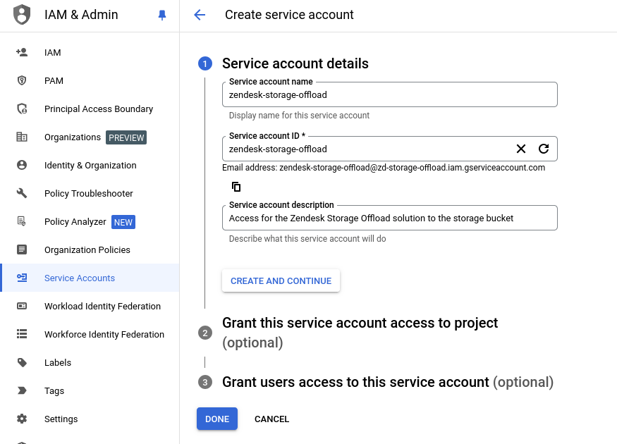 Screenshot of creating a new service account within Google Cloud